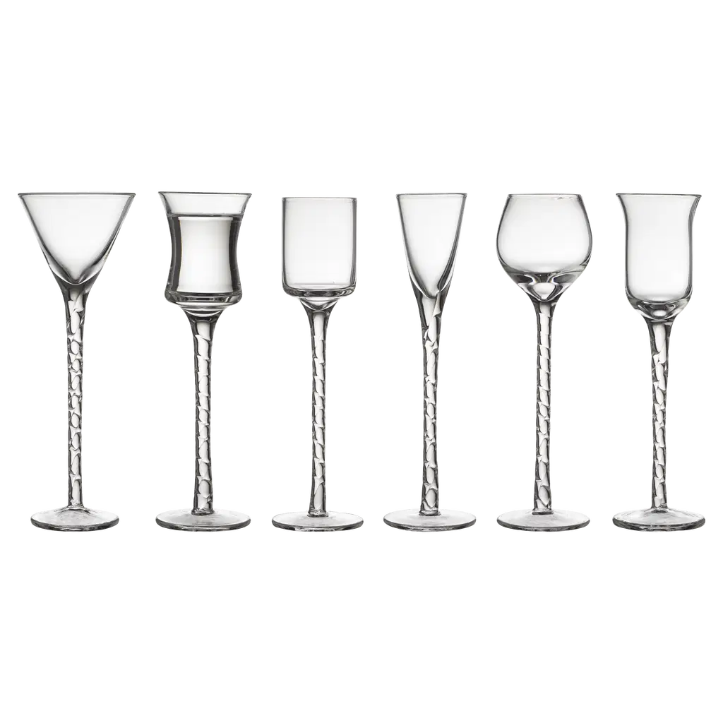 Lyngby Glas Snapseglas på fod i assorterede former 6 stk i klar m. snoet stilk, Rom